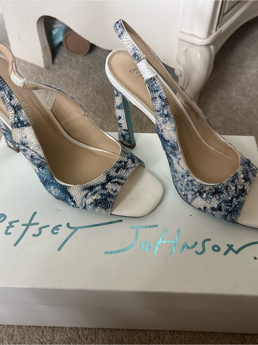 Betsey Johnson Blue & White Beaded Peep-Toe Slingback Heels